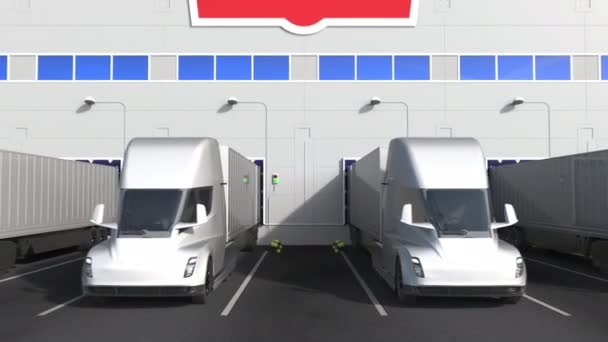 Camion rimorchio elettrici a magazzino vano di carico con logo ROYAL DUTCH SHELL sulla parete. Animazione editoriale 3D — Video Stock