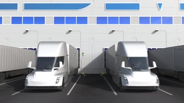 Depo yükleme alanında duvarında İbm logosu olan modern yarı karavan kamyonları. 3d editör animasyonu — Stok video