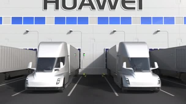 현대의 반 트레일러 트럭들 이 창고에 하역장에 와 웨이 로고를 벽에 붙이고 있습니다. 편집 3D 애니메이션 — 비디오