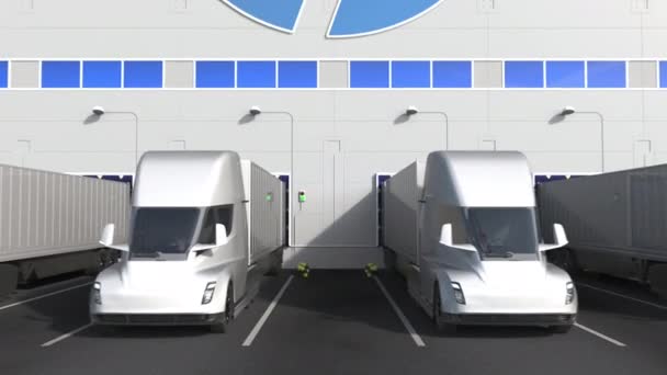 Depo yükleme alanında duvarında Hp logosu olan modern yarı karavan kamyonları. 3d editör animasyonu — Stok video