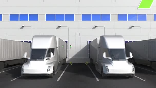 Elektriska påhängsvagnslastbilar i lagerhallen med Ebay-logotyp på väggen. Redaktionell 3D-animation — Stockvideo