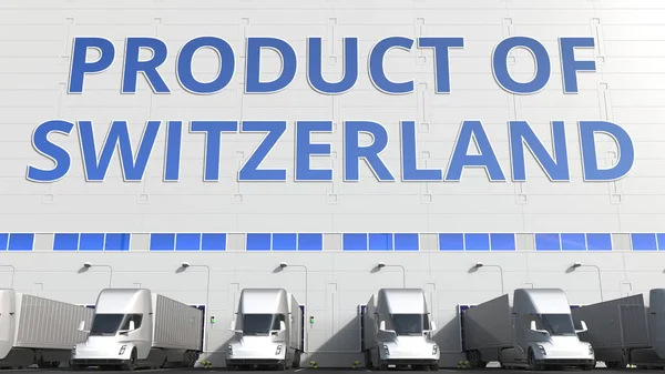 창고에 있는 전자 트레일러 트럭으로 스위스 문자와 함께 부두에 하역장을 하역 합니다. 스위스 물류 회사 , 3D 렌더링 관련 — 스톡 사진
