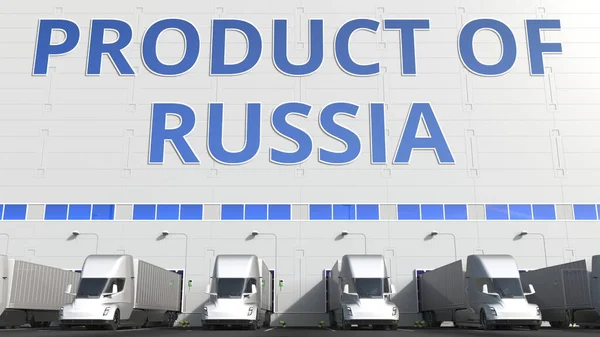 Electric semi-trailer trucks at warehouse loading dock with PRODUCT OF RUSSIA text. Russian logistics related 3D rendering — Stock Photo, Image