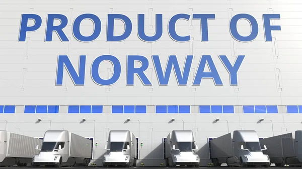 Anhänger-LKWs auf der Verladefläche eines Lagers mit dem Text von Product Of Norway. Norwegische Logistik im Zusammenhang mit 3D-Rendering — Stockfoto