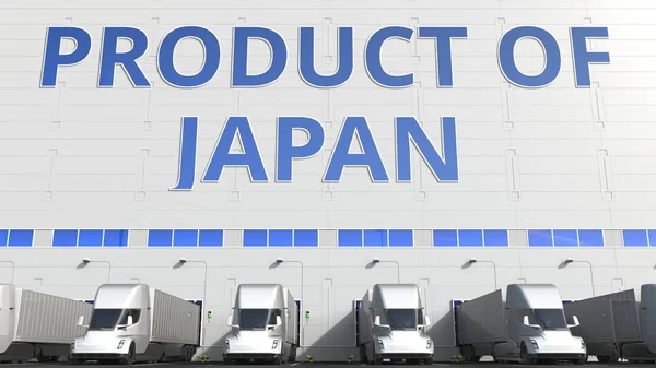 Anhänger-LKWs auf der Ladefläche eines Lagerhauses mit dem Text des japanischen Produkts. Japanische Logistik im Zusammenhang mit 3D-Rendering — Stockfoto