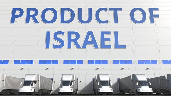 Elektrische oplegger trucks bij magazijn laadperron met Product Of Israel tekst. Israëlische logistiek gerelateerde 3d rendering — Stockfoto