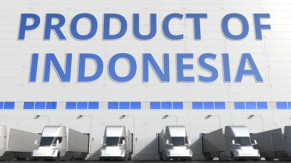 Truk modern semi-trailer di gudang loading dock dengan PRODUCT teks INDONESIA. Perenderan logistik 3D Indonesia — Stok Foto