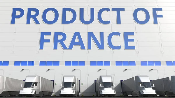 창고에 있는 전자 트레일러 트럭들 이 프랑스 문자의 제품을 싣고 있어요. French logistics related 3d rendering — 스톡 사진
