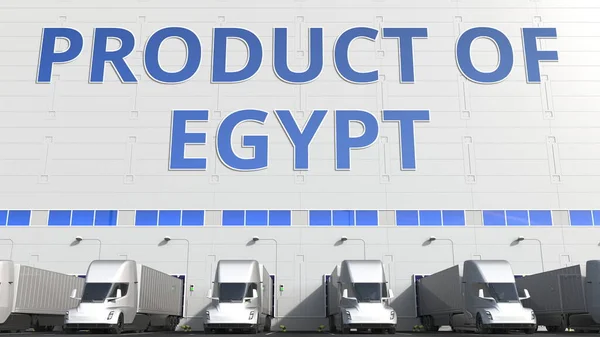Ηλεκτρικά ημιρυμουλκούμενα φορτηγά στην αποβάθρα φόρτωσης αποθήκη με το προϊόν της Αιγύπτου κείμενο. Αιγυπτιακή εφοδιαστική 3d απόδοση — Φωτογραφία Αρχείου