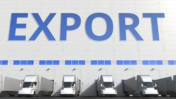 Camiones semirremolques en muelle de carga de almacén con texto EXPORT. Renderizado 3D — Foto de Stock
