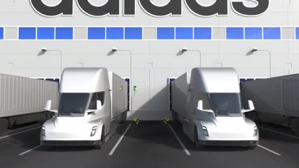 Elektrische Sattelschlepper auf der Ladefläche eines Lagerhauses mit Adidas-Logo an der Wand. Leitartikel 3D-Animation — Stockvideo