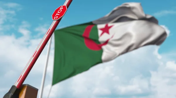 Brána se otvírá s vlajkou Alžírska jako pozadí. Alžírsko Volný vstup nebo zrušení zákazu. 3D vykreslování — Stock fotografie