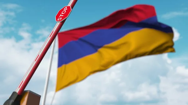 Бар'єрні ворота відкриваються з прапором Вірменії як фоном. Свобода вірмен або зняття заборони. 3d рендеринг — стокове фото