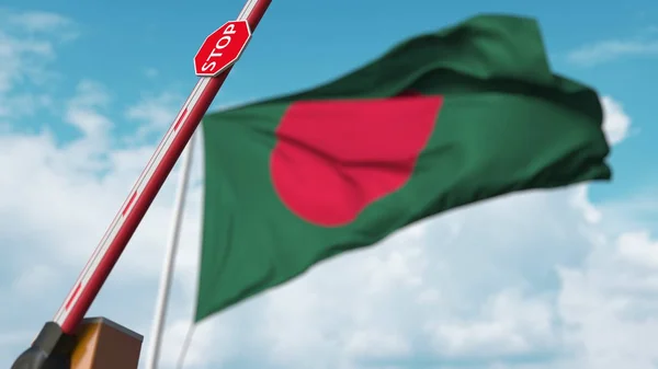 A gátkaput Banglades zászlajával nyitják meg háttérként. Bangladeshi Ingyenes belépés vagy a tilalom feloldása. 3D-s renderelés — Stock Fotó