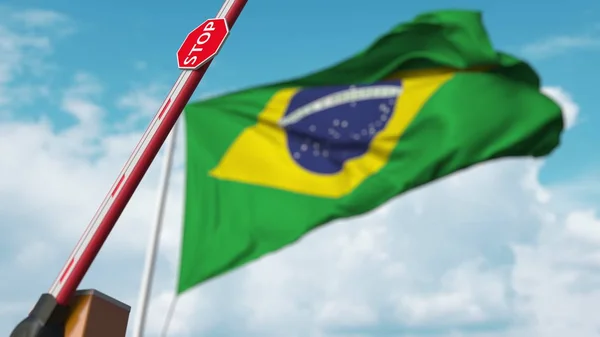 Puerta abierta en el fondo de la bandera brasileña. Entrada libre o levantamiento de una prohibición en Brasil. Renderizado 3D — Foto de Stock