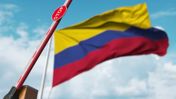 Відкриті ворота буму на фоні прапора Колумбії. Свобода в'їзду або зняття заборони в Колумбії. 3d рендеринг — стокове фото