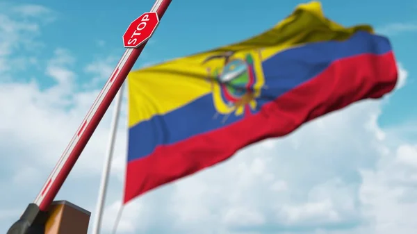 Бар'єрні ворота відкриваються з прапором Еквадору як фоном. Еквадорський вільний вхід або зняття заборони. 3d рендеринг — стокове фото