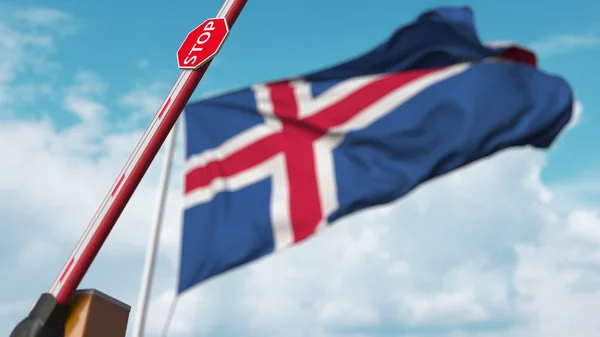 アイスランドの国旗を背景に、ブームゲートを開きます。入場無料またはアイスランドの禁止を解除.3Dレンダリング — ストック写真