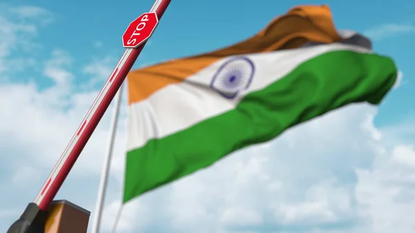 Barrièrepoort wordt geopend met de vlag van India als achtergrond. Indiase vrije toegang of opheffing van een verbod. 3d destructie — Stockfoto