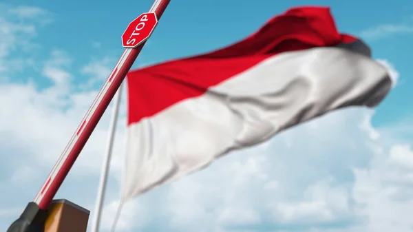 Puerta abierta en el fondo de la bandera indonesia. Entrada libre o levantamiento de una prohibición en Indonesia. Renderizado 3D —  Fotos de Stock