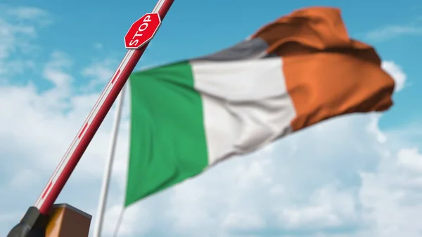 Ανοίξτε την πύλη στο φόντο της ιρλανδικής σημαίας. Ελεύθερη είσοδος ή άρση απαγόρευσης στην Ιρλανδία. 3d απόδοση — Φωτογραφία Αρχείου