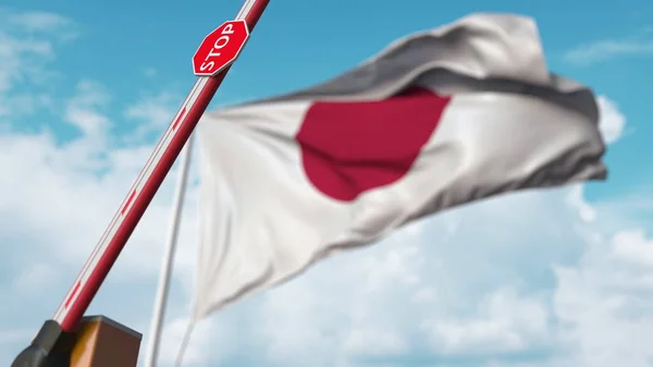 Absperrgitter geöffnet, im Hintergrund die Flagge Japans. Japans freier Grenzübertritt oder die Aufhebung eines Verbots. 3D-Darstellung — Stockfoto