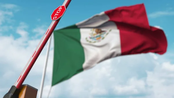 Відкриття бар'єру з знаком "Стоп" проти мексиканського прапора. Вільний перетин кордону або зняття заборони в Мексиці. 3d рендеринг — стокове фото