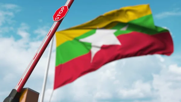 Barrière de flèche d'ouverture avec panneau d'arrêt contre le drapeau Xoma. Libre passage des frontières ou levée d'une interdiction au Myanmar. rendu 3D — Photo