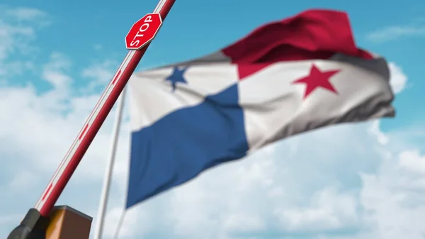 Porte de barrière ouverte avec le drapeau du Panama comme fond. Panaméen Entrée libre ou levée d'une interdiction. rendu 3D — Photo