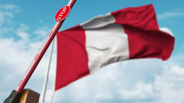 Barrera de apertura con señal de stop contra la bandera peruana. Entrada libre o levantamiento de una prohibición en Perú. Renderizado 3D — Foto de Stock