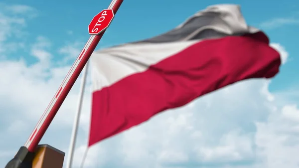 Puerta abierta en el fondo de la bandera polaca. Entrada libre o levantamiento de una prohibición en Polonia. Renderizado 3D —  Fotos de Stock
