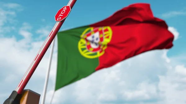 Otwórz bramę boom na tle portugalskiej flagi. Swobodny wjazd lub zniesienie zakazu w Portugalii. 3d renderowanie — Zdjęcie stockowe