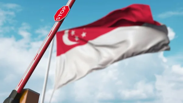 На заднем плане открываются барьерные ворота с флагом Сингапура. Свободное пересечение границы Сингапуром или снятие запрета. 3D рендеринг — стоковое фото