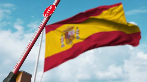 Barriärporten öppnas med Spaniens flagga som bakgrund. Spanska Gratis gränspassage eller upphävande av ett förbud. 3d-konvertering — Stockfoto