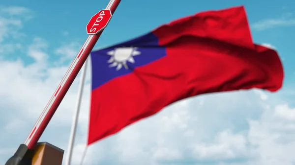 타이완 깃발을 배경으로 장벽 의문이 열렸다. 대만 국경을 자유롭게 횡단하거나 금지 조치를 해제했다. 3D 렌더링 — 스톡 사진