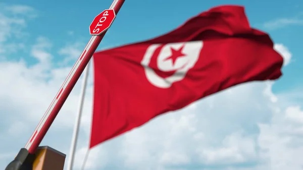 Otevíráme bariéru s stopkou proti tuniské vlajce. Volné překročení hranic nebo zrušení zákazu v Tunisku. 3D vykreslování — Stock fotografie