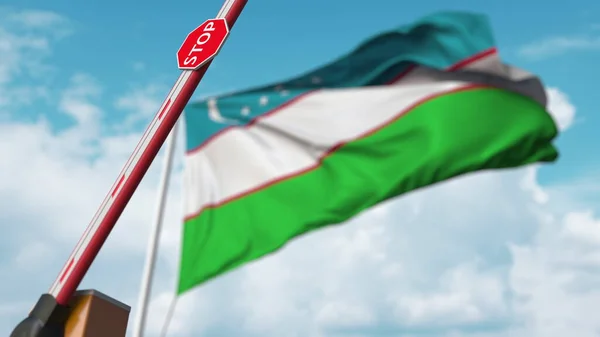 Otwórz bramę boomu na uzbeckim tle flagi. Wstęp wolny lub zniesienie zakazu w Uzbekistanie. 3d renderowanie — Zdjęcie stockowe