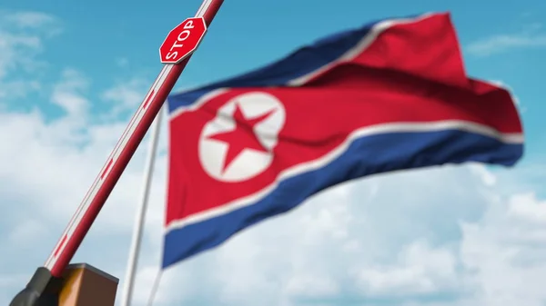 북한 국기 배경에 붐 게이트 오픈. 북한에서의 자유 출입 또는 금지령 해제. 3D 렌더링 — 스톡 사진
