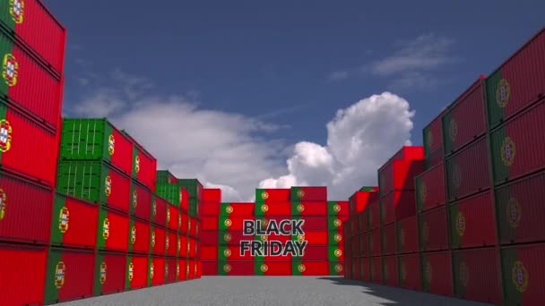 Containers with BLACK FRIDAY text and national flags of Portugal. Portuguese commerce related 3D animation — Stock Video