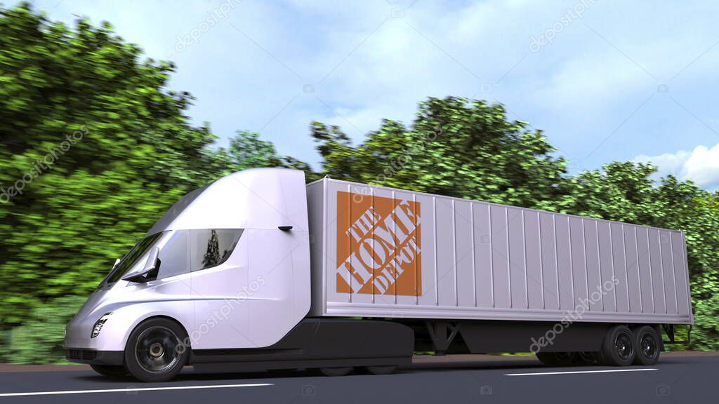 Semi-trailer truck with logo on the side. 3D
