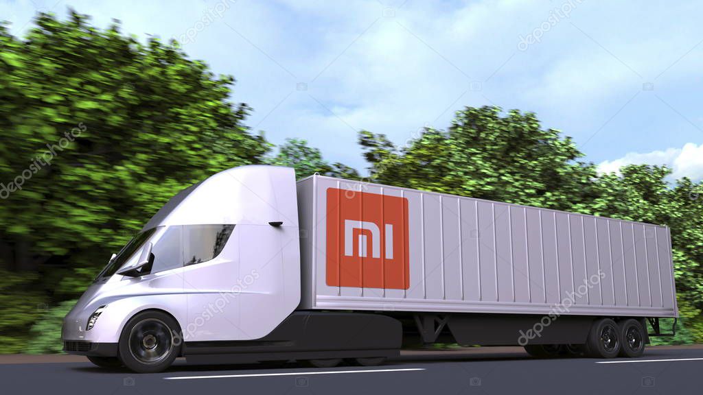 Semi-trailer truck with logo on the side. 3D