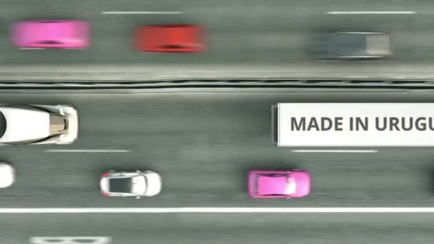 Vista aérea de camiones semirremolques con texto MADE IN URUGUAY conduciendo por la carretera. Animación 3D loopable relacionada con el negocio uruguayo — Vídeo de stock