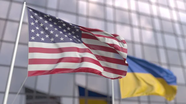 Хвильові прапори Сполучених Штатів та України перед сучасним фасадом будівлі. 3d рендеринг — стокове фото