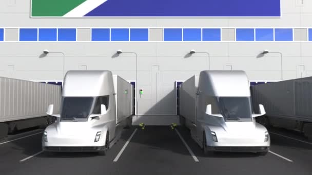 Modern trailer trucks load or unload at warehouse bays with flag of SOUTH AFRICA. logistics related conceptual 3D animation — Stock Video