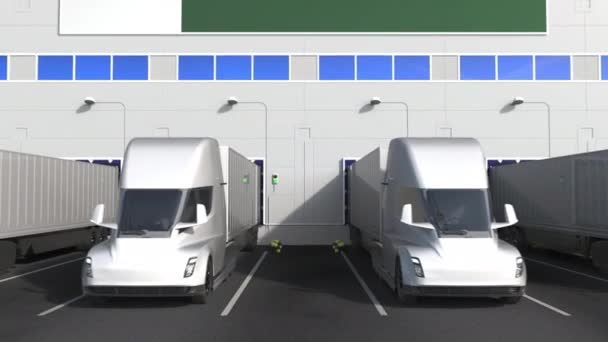 Moderne trailer trucks laden of lossen in magazijnen met vlag van Pakistan. Pakistaanse logistiek gerelateerde conceptuele 3D-animatie — Stockvideo