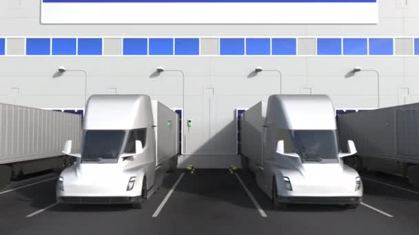 Electric trailer trucks at warehouse loading bay with flag of ISRAEL. Israeli logistics related conceptual 3D animation — Stock Video