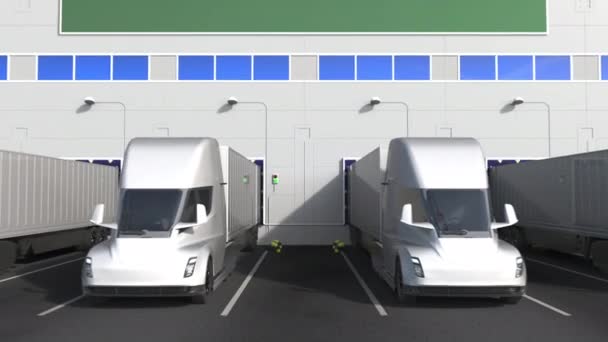 Camions semi-remorques électriques au quai de chargement de l'entrepôt avec le drapeau de la HONGRIE. Hongrois logistique liée à l'animation 3D conceptuelle — Video