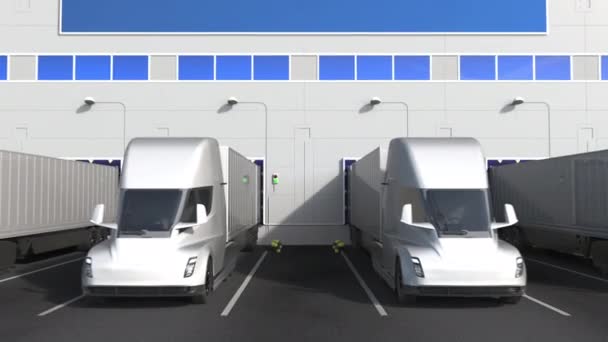 Moderna släpvagnar lastar eller lossar i lagerdockor med GREKLAND-flagg. Grekisk logistikrelaterad konceptuell 3D-animering — Stockvideo