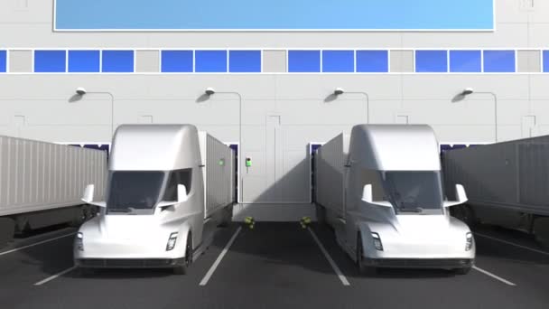 Trailer trucks at warehouse loading dock with flag of ARGENTINA. Argentinean logistics related conceptual 3D animation — Stock Video