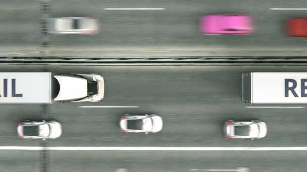 Vista aerea dall'alto di camion rimorchio con testo RETAIL guida lungo l'autostrada. Animazione 3D Loopable — Video Stock